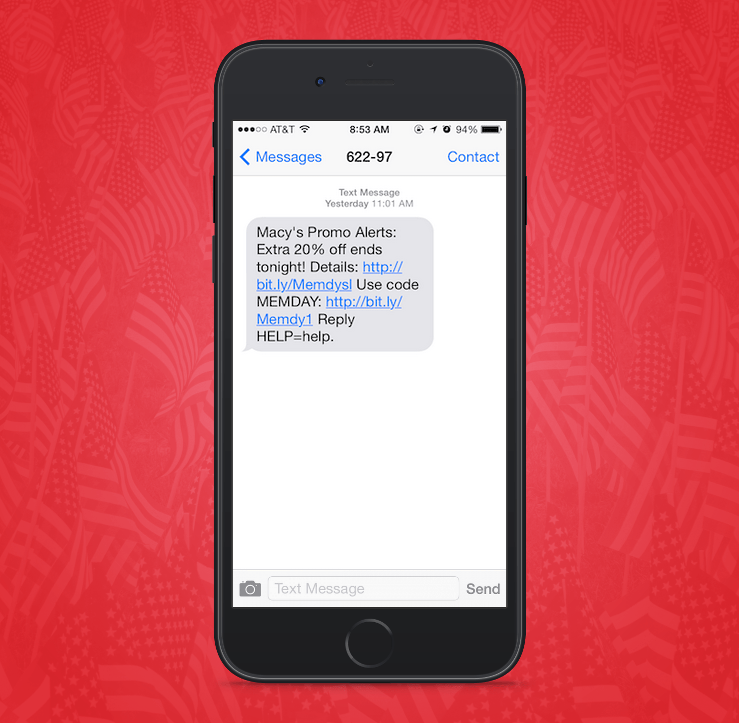 Memorial Day SMS Marketing Example Sent From Macys Retail Store to SMS Subscribers