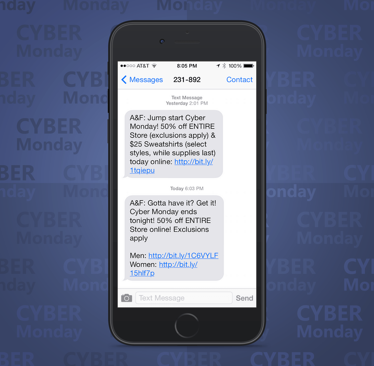 SMS Coupon Example Sent on Cyber Monday From Abercrombie Retail Stores to Customers