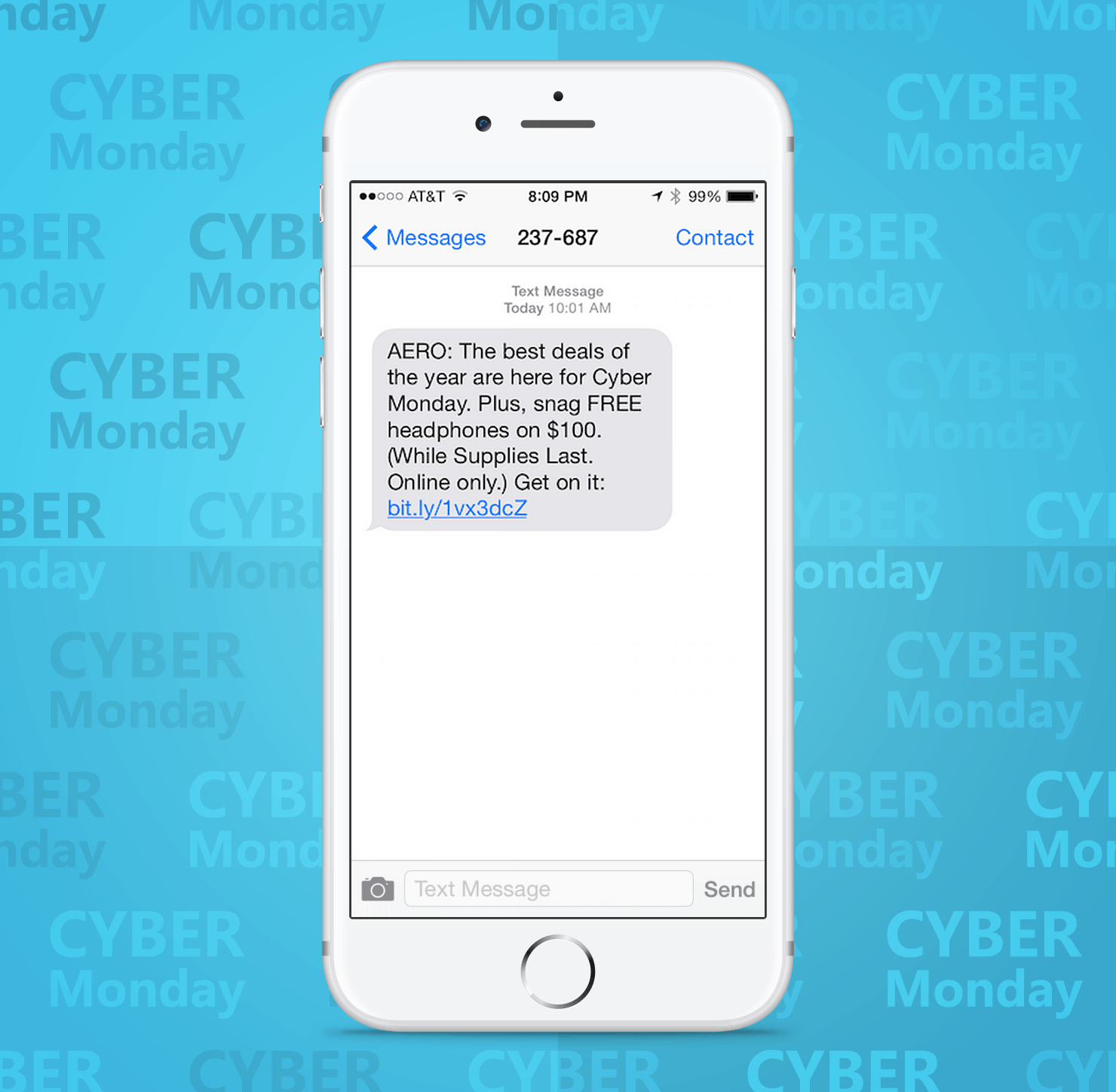 SMS Coupon Example Sent on Cyber Monday From Aero Retail Stores to Customers