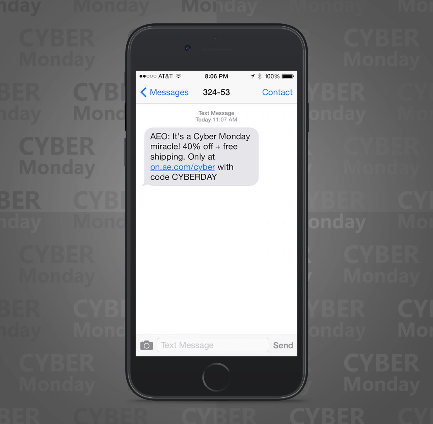 SMS Coupon Example Sent on Cyber Monday From American Eagle Retail Stores to Customers
