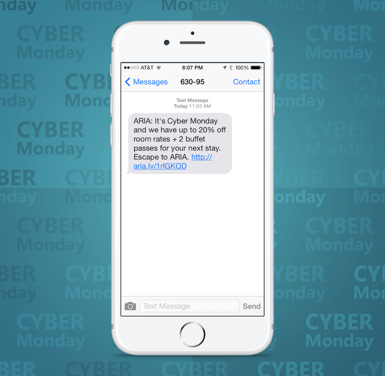 SMS Coupon Example Sent on Cyber Monday From Aria Hotels and Casinos to Customers
