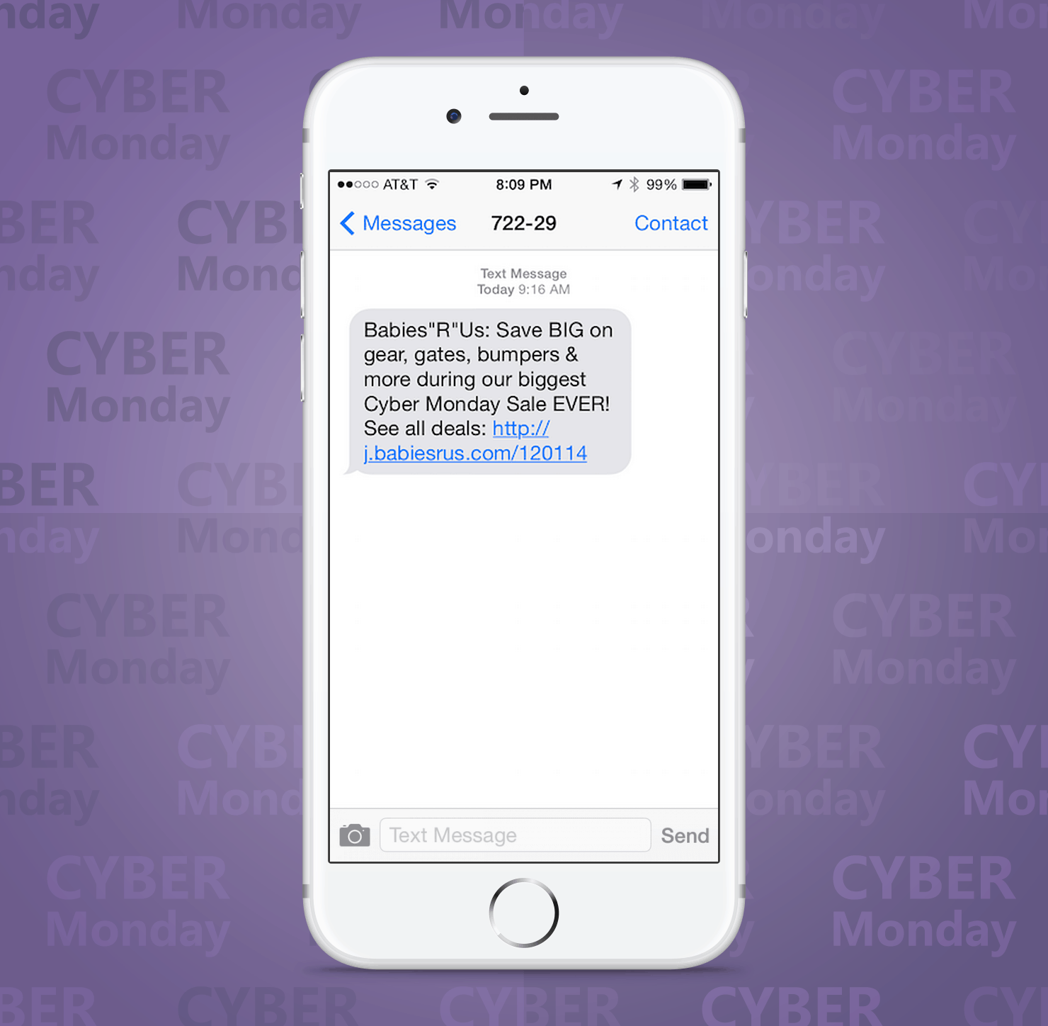 SMS Coupon Example Sent on Cyber Monday From Babies-R-Us Retail Stores to Customers