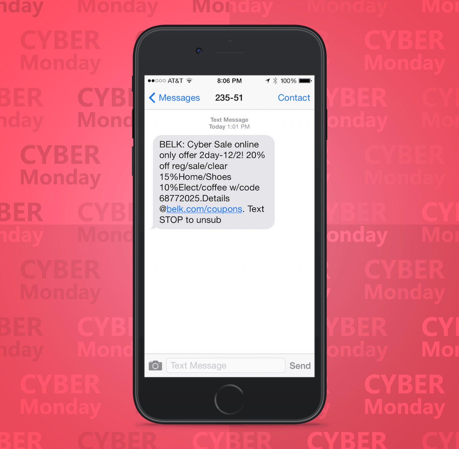 SMS Coupon Example Sent on Cyber Monday From Belk Retail Stores to Customers