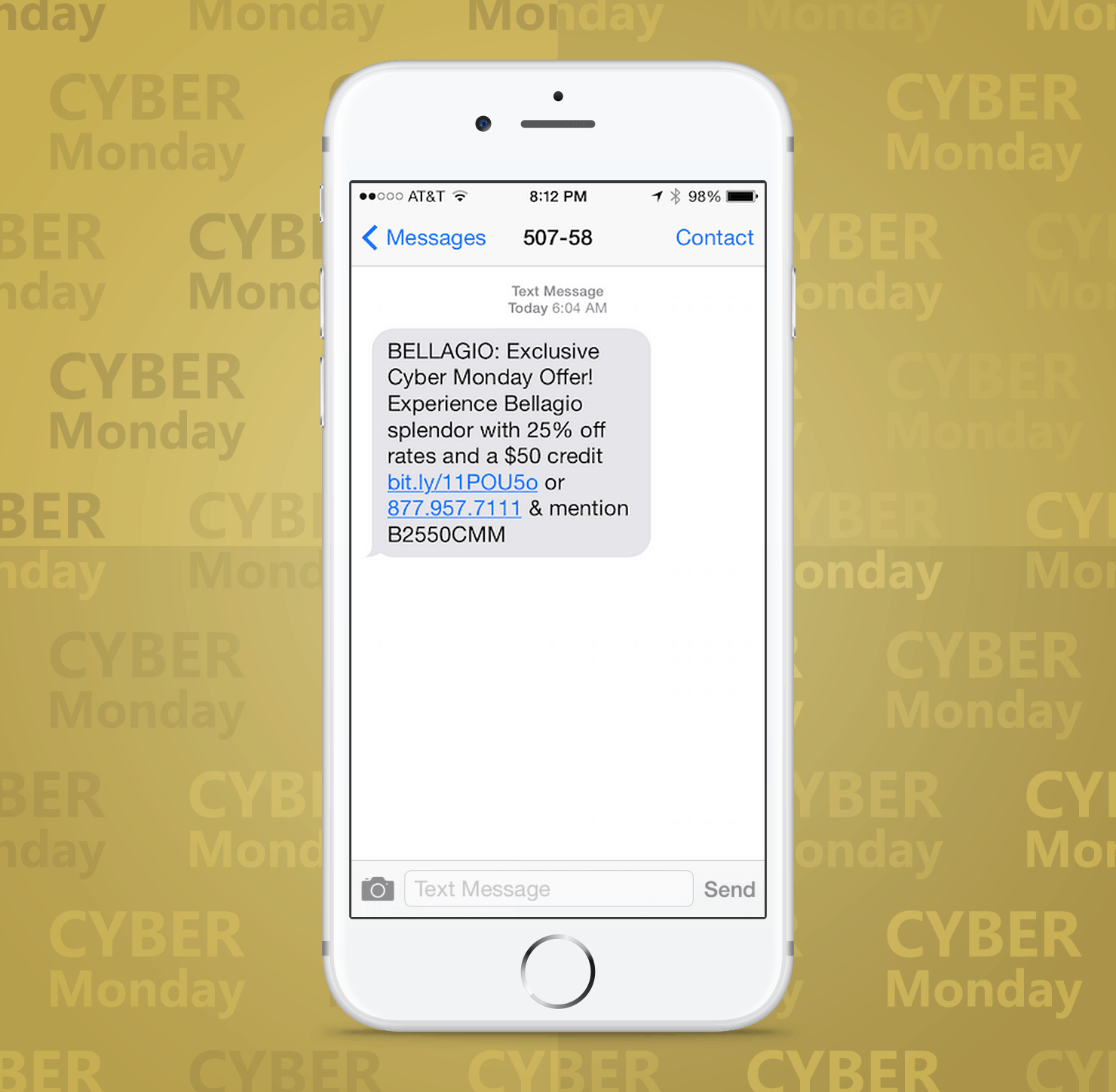 SMS Coupon Example Sent on Cyber Monday From Bellagio Hotel and Casino to Customers
