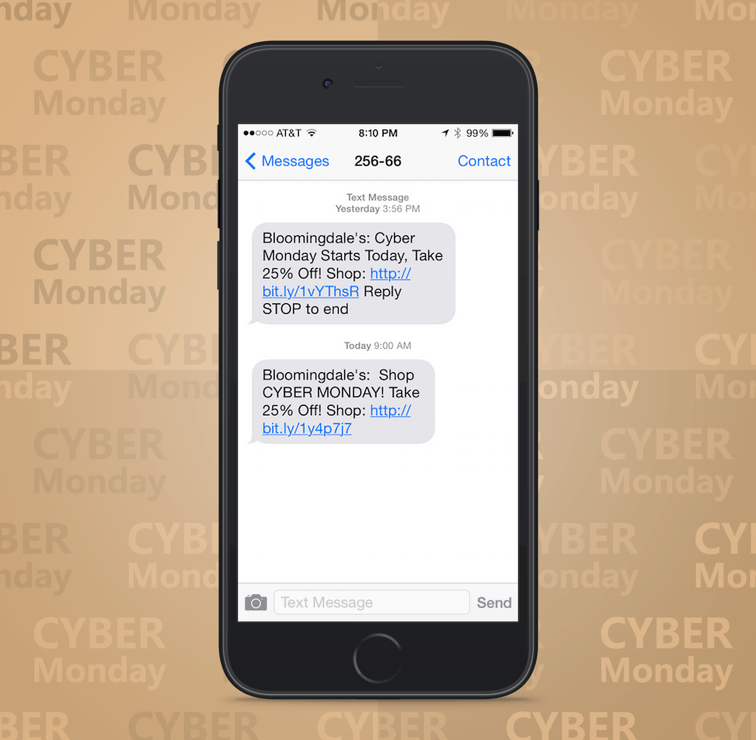 SMS Coupon Example Sent on Cyber Monday From Bloomindales Retail Stores to Customers