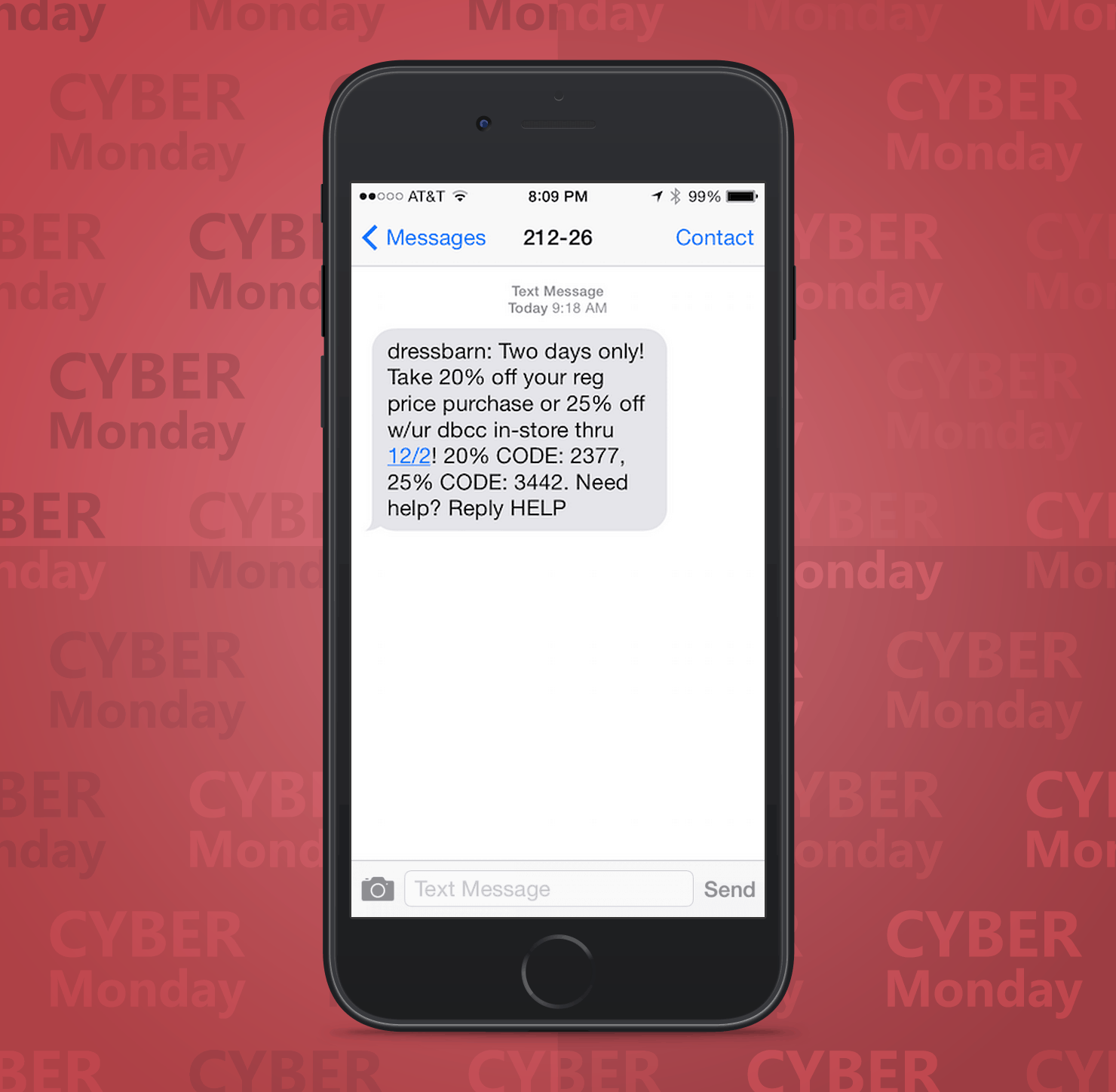 SMS Coupon Example Sent on Cyber Monday From Dressbarn Retail Stores to Customers
