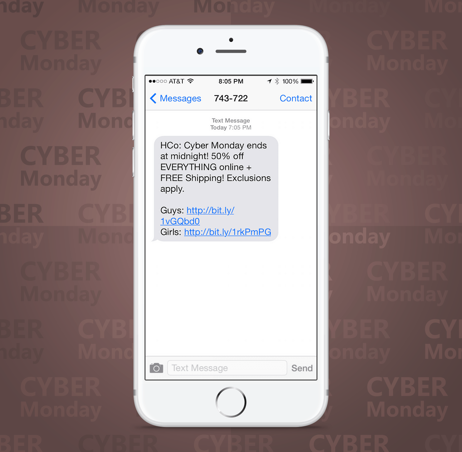SMS Coupon Example Sent on Cyber Monday From Hollister Retail Stores to Customers