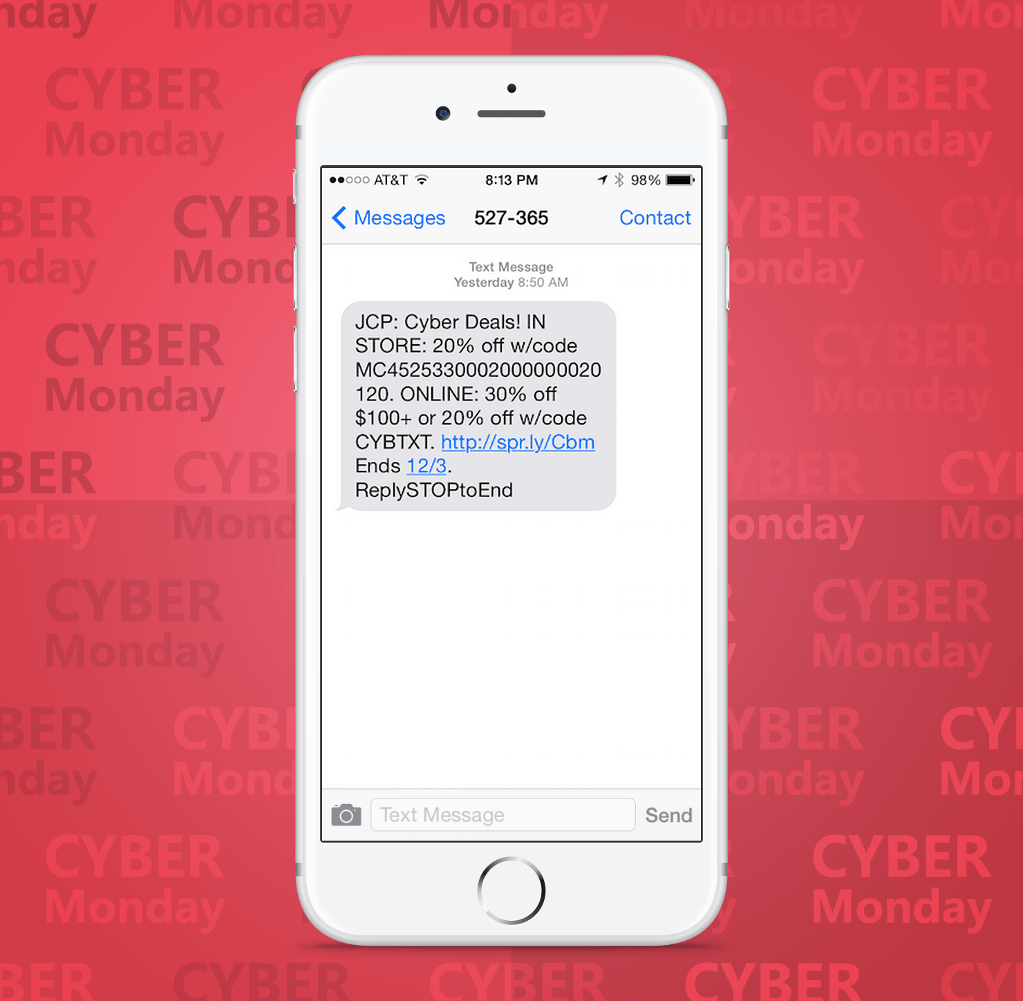 SMS Coupon Example Sent on Cyber Monday From JC Penny Retail Stores to Customers