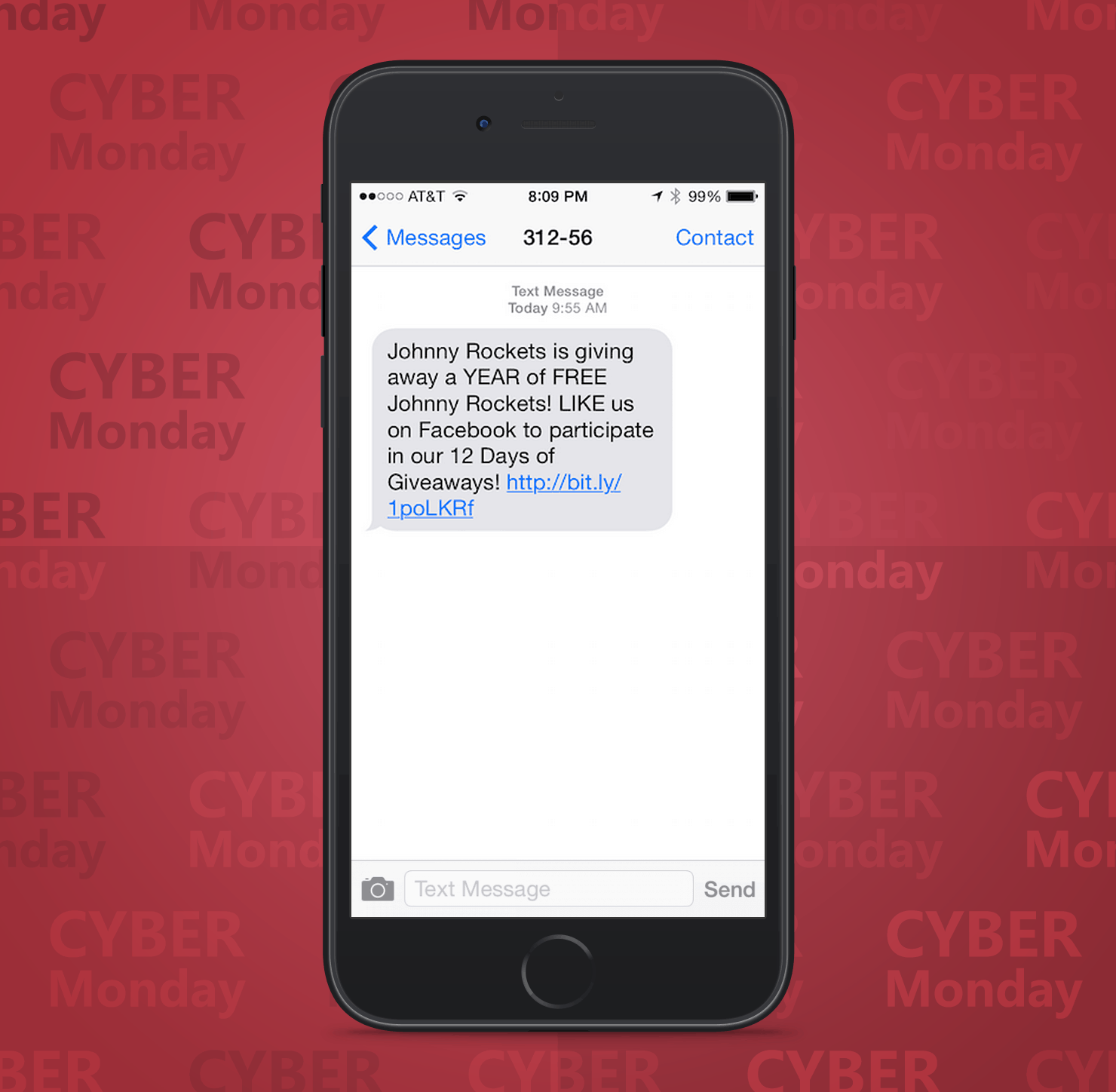 SMS Coupon Example Sent on Cyber Monday From Johnny Rocket Restaurants to Customers