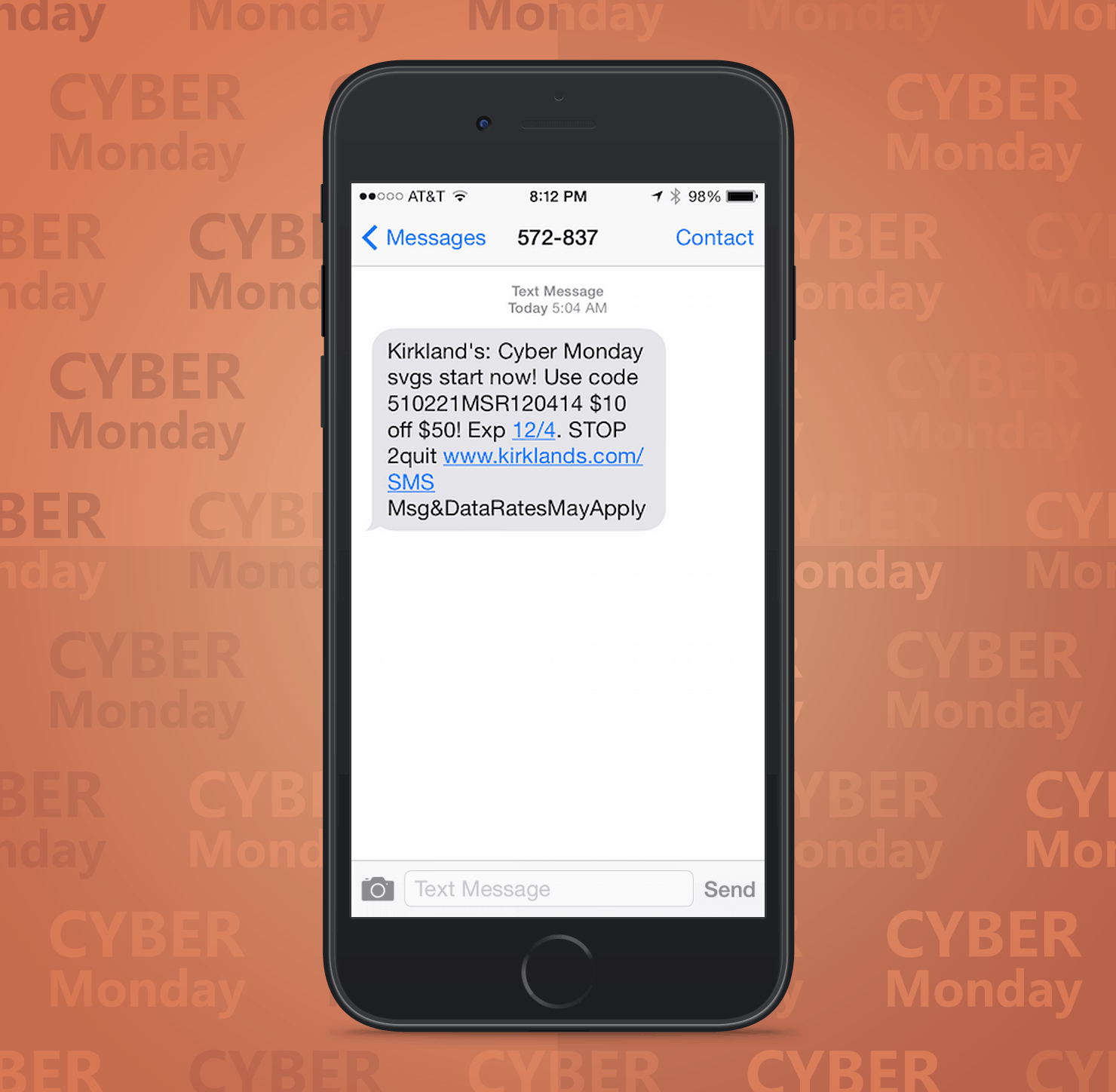 SMS Coupon Example Sent on Cyber Monday From Kirklands Retail Stores to Customers