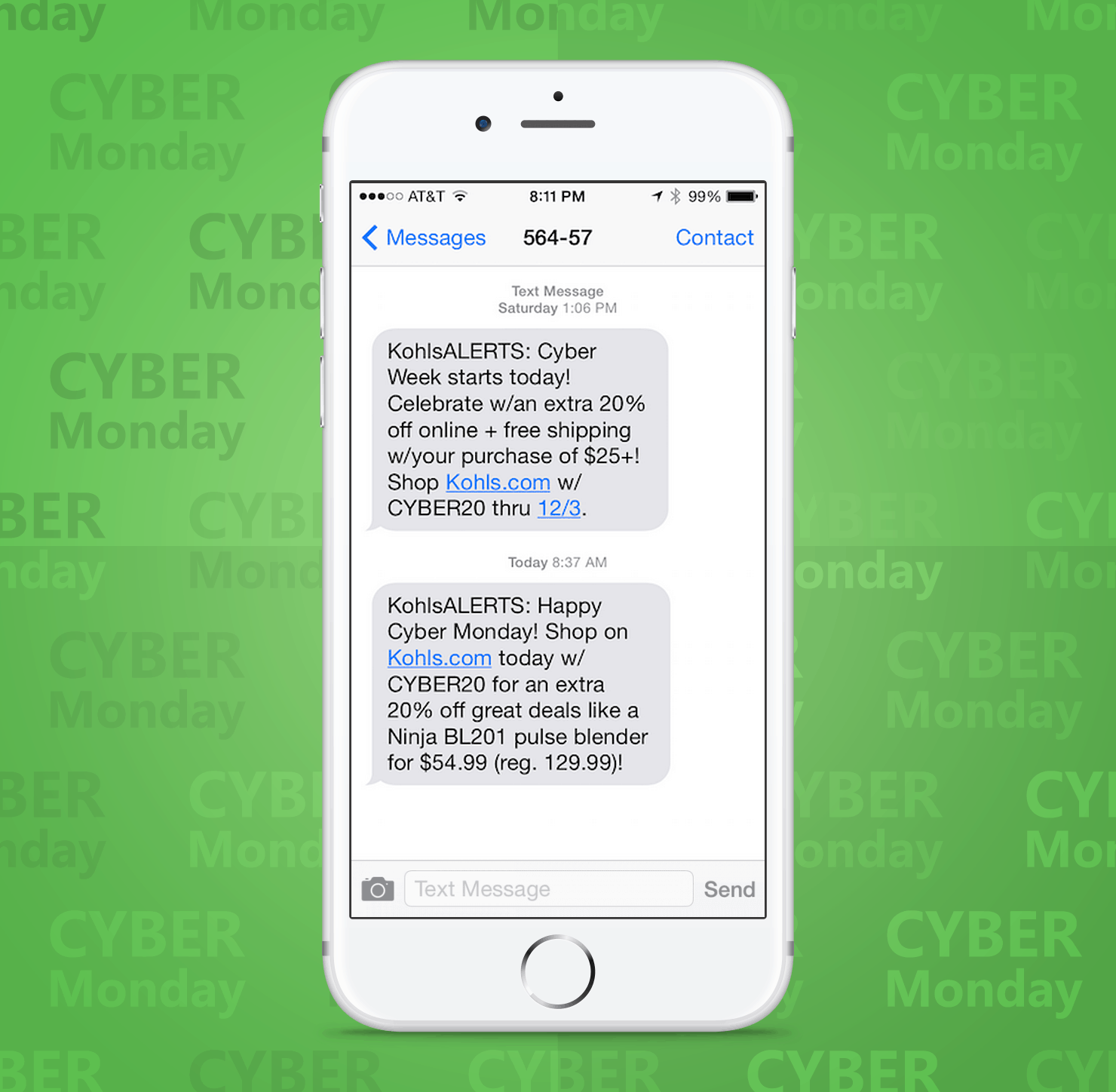SMS Coupon Example Sent on Cyber Monday From Kohls Retail Stores to Customers
