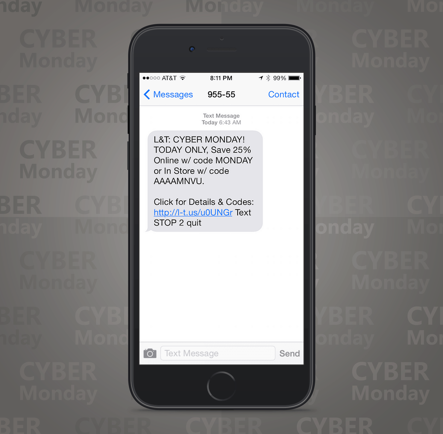 SMS Coupon Example Sent on Cyber Monday From Lord and Taylor Retail Stores to Customers