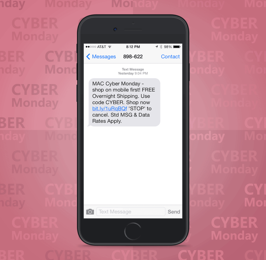 SMS Coupon Example Sent on Cyber Monday From Mac Cosmetic Retail Stores to Customers