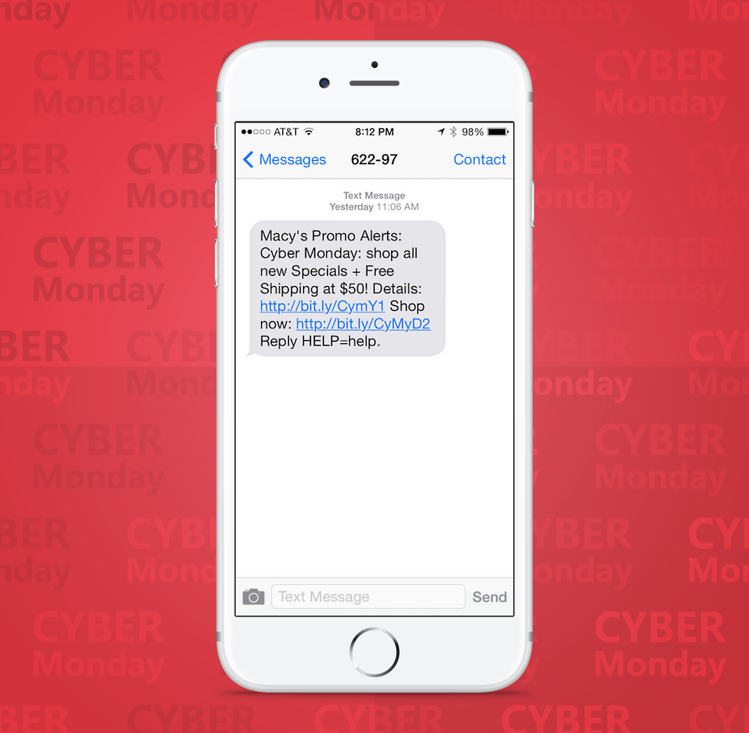SMS Coupon Example Sent on Cyber Monday From Macys Retail Store to Customers
