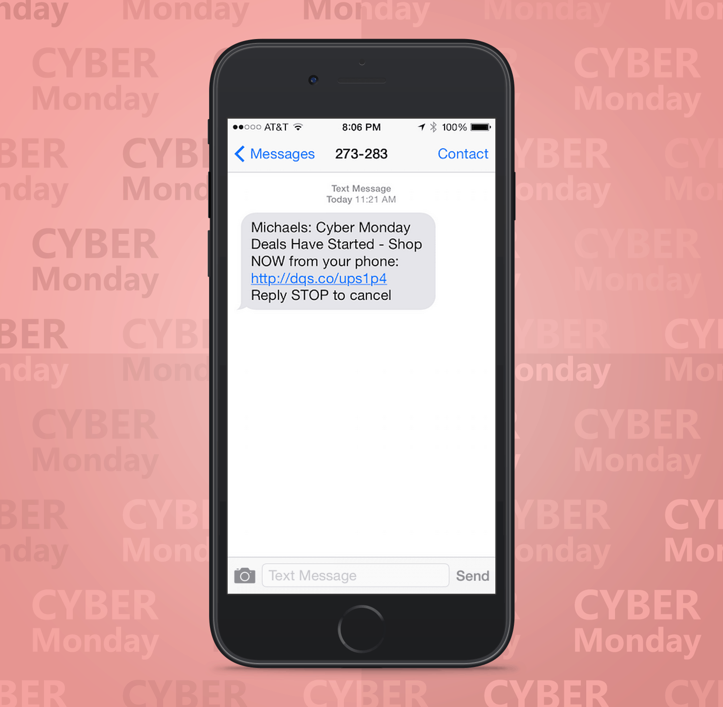 SMS Coupon Example Sent on Cyber Monday From Michaels Retail Stores to Customers