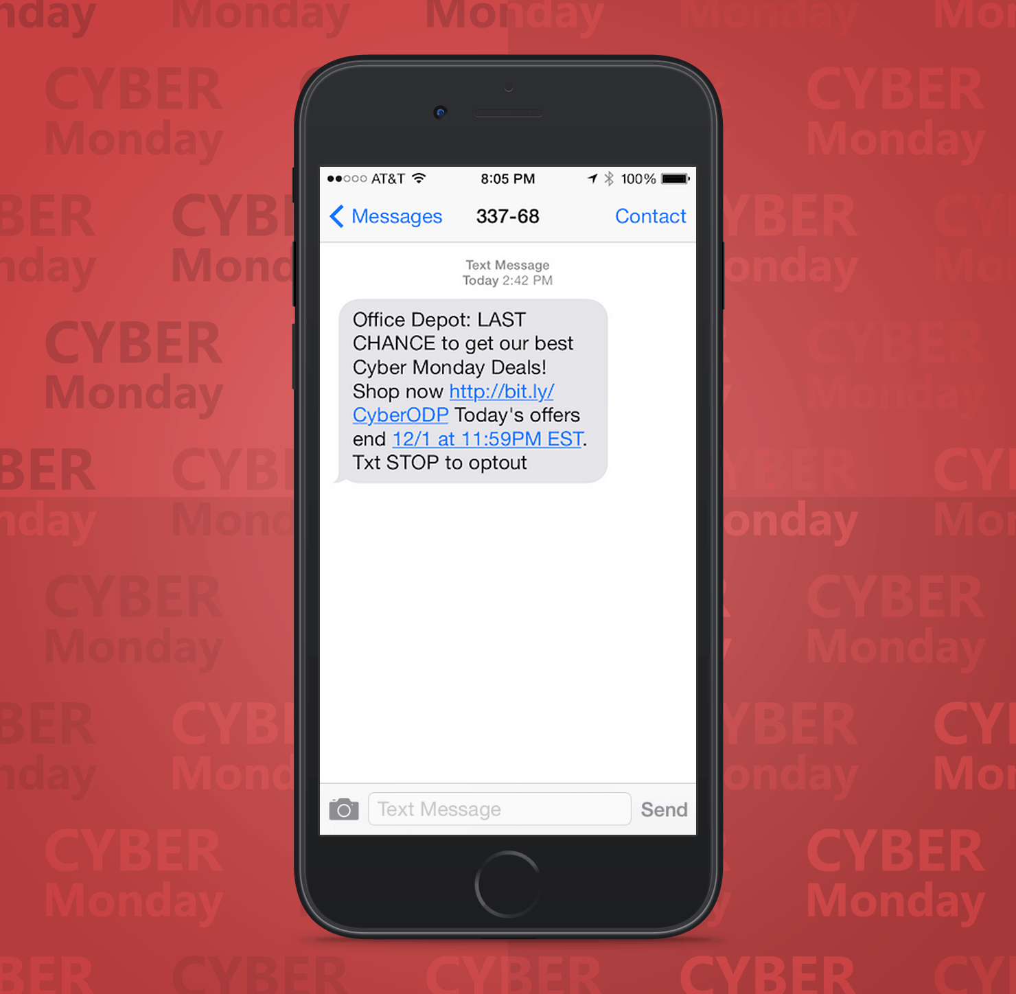 SMS Coupon Example Sent on Cyber Monday From Office Depot Retail Stores to Customers
