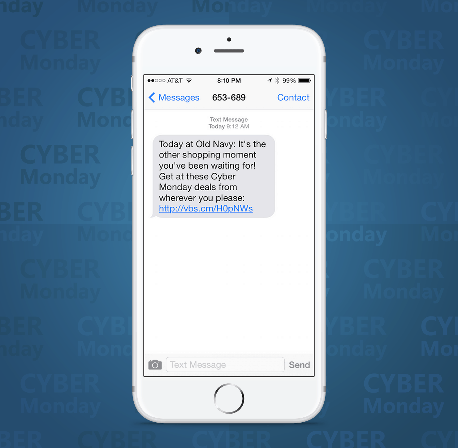 SMS Coupon Example Sent on Cyber Monday From Old Navy Retail Stores to Customers