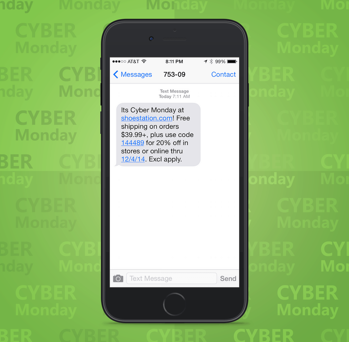 SMS Coupon Example Sent on Cyber Monday From Shoestation to Customers