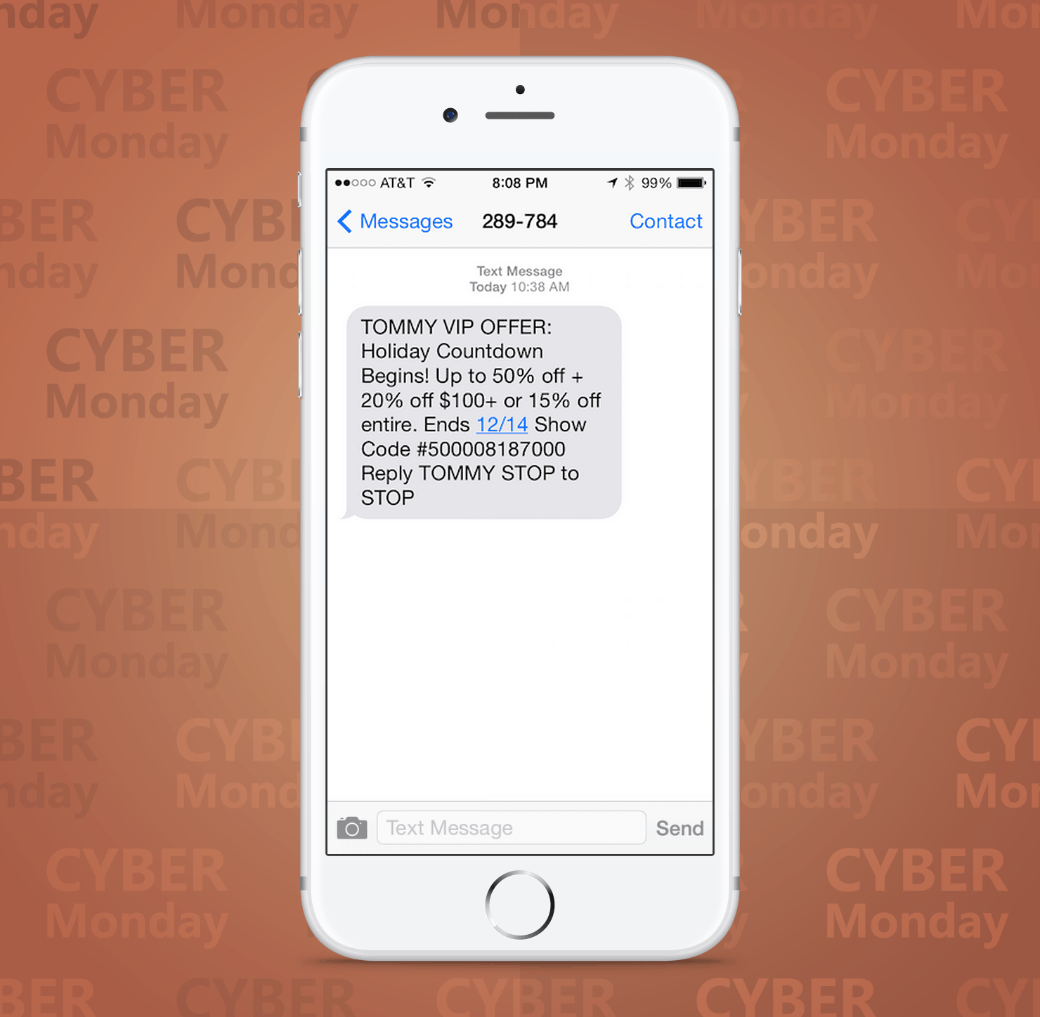 SMS Coupon Example Sent on Cyber Monday From Tommy Bahamas Retail Stores to Customers