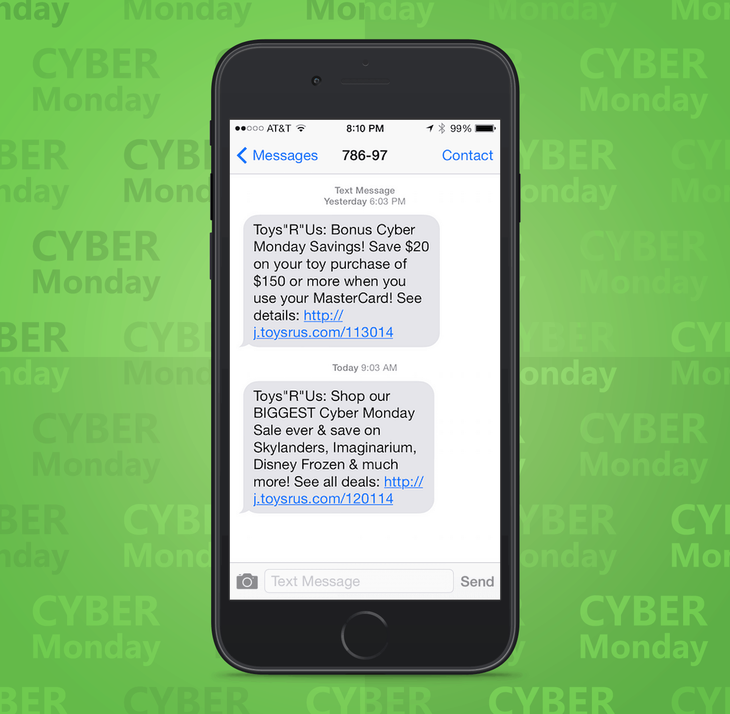 SMS Coupon Example Sent on Cyber Monday From Toys-R-Us Retail Stores to Customers