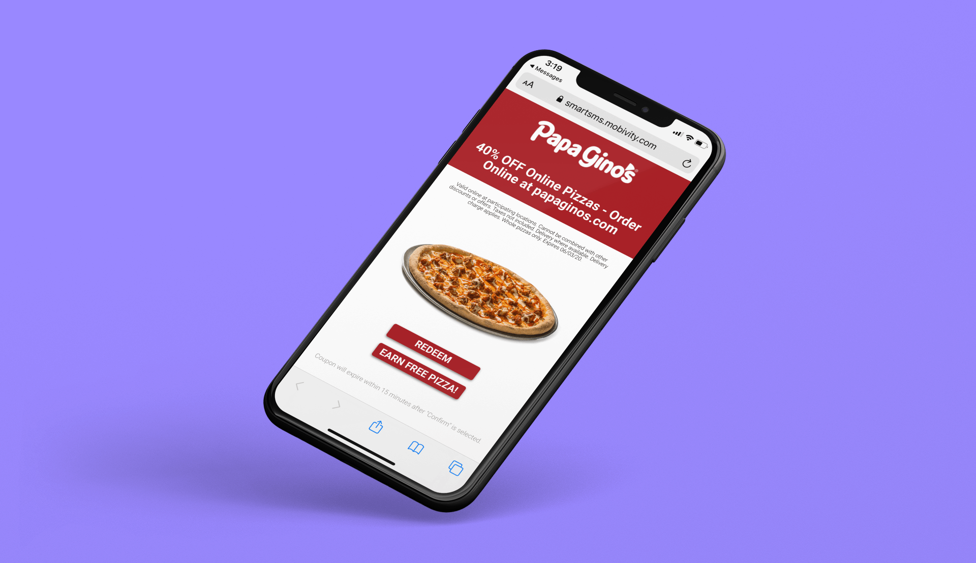 Mobile Coupon Example from Papa Gino's