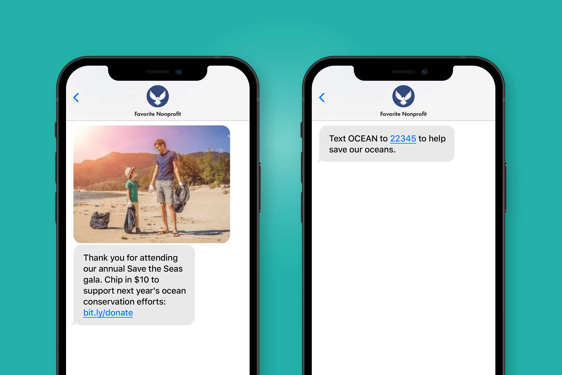 Example of a nonprofit SMS message vs. MMS message with image/gif