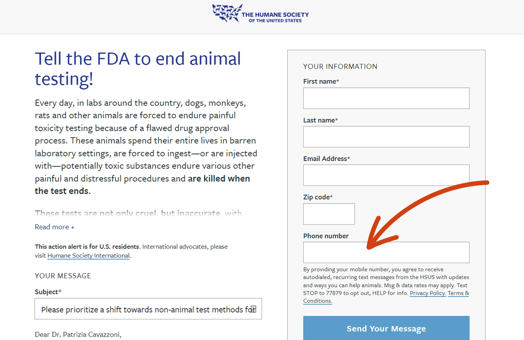 Advocacy alert form from The Humane Society
