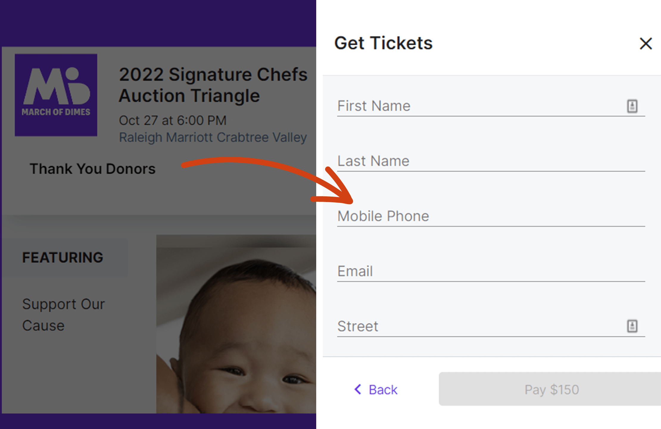 Event registration form on the March of Dimes website