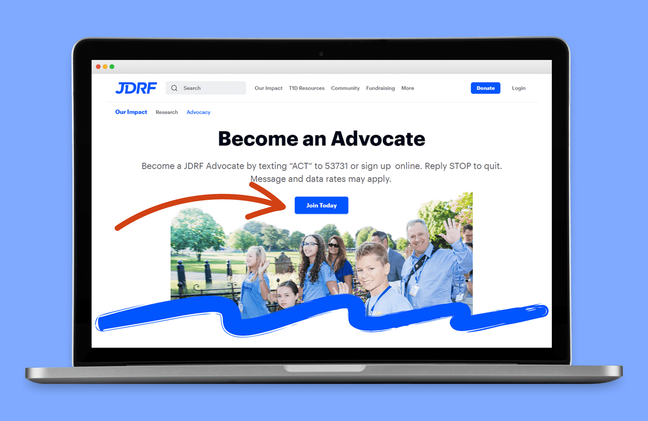 Landing page for the Juvenile Diabetes Research Foundation (JDRF)