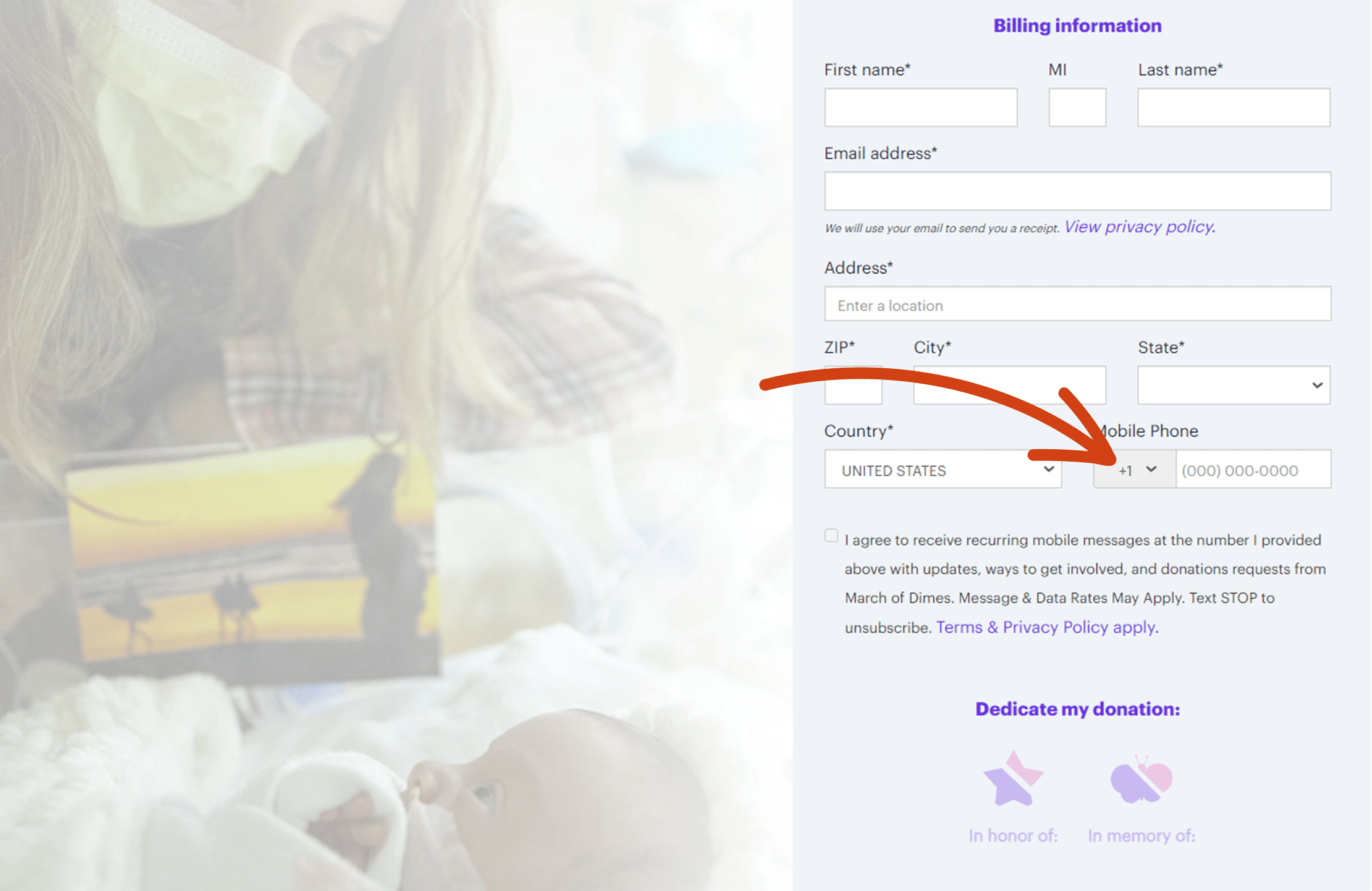 onation form on the March of Dimes website