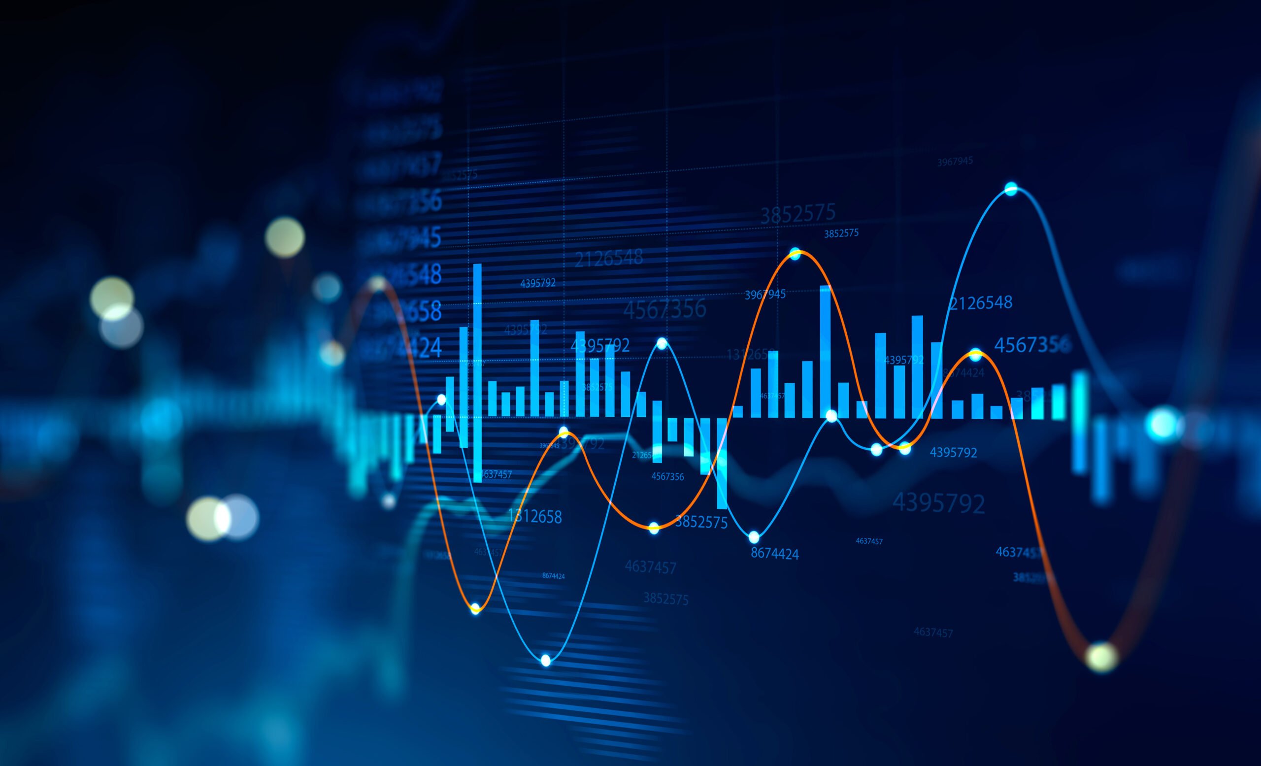 Futuristic HUD digital graph interface over blurry dark blue background. Concept of stock market and trading. 3d rendering double exposure