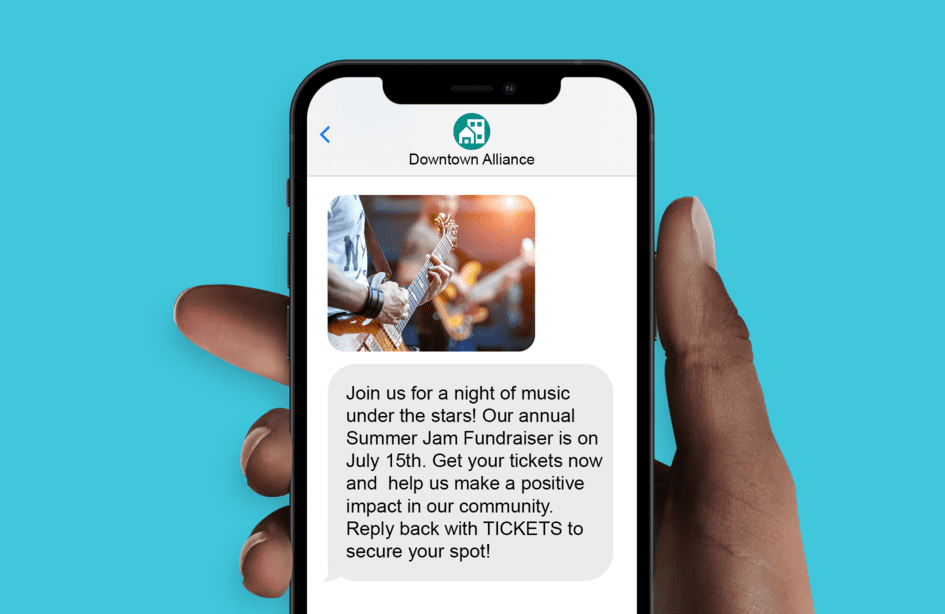 Example nonprofit SMS message promoting a Summer Jam Fundraiser event