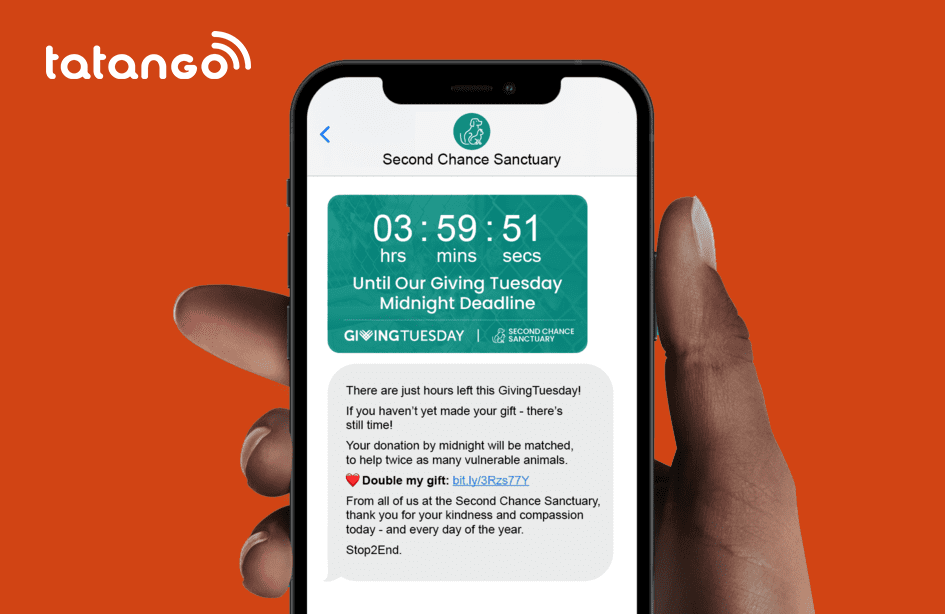Example Giving Tuesday text appeal with a countdown graphic, reading, “There are just hours left this Giving Tuesday! If you haven’t yet made your gift - there’s still time!”