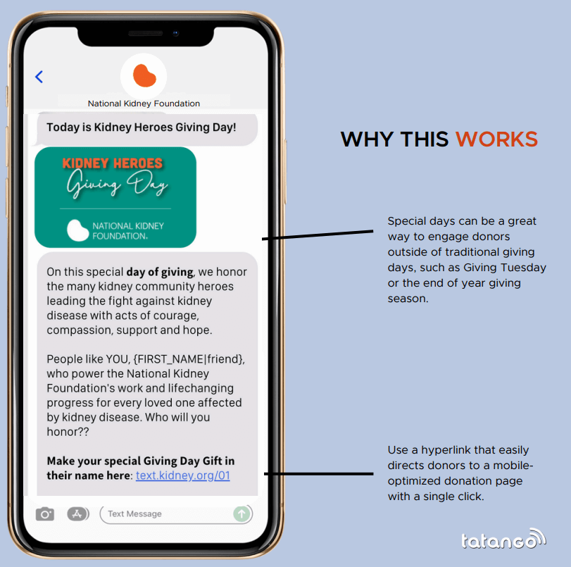 Example Giving Tuesday text message that reads “On this special day of giving, we honor the many kidney community heroes leading the fight against kidney disease with acts of courage, compassion, support and hope.”