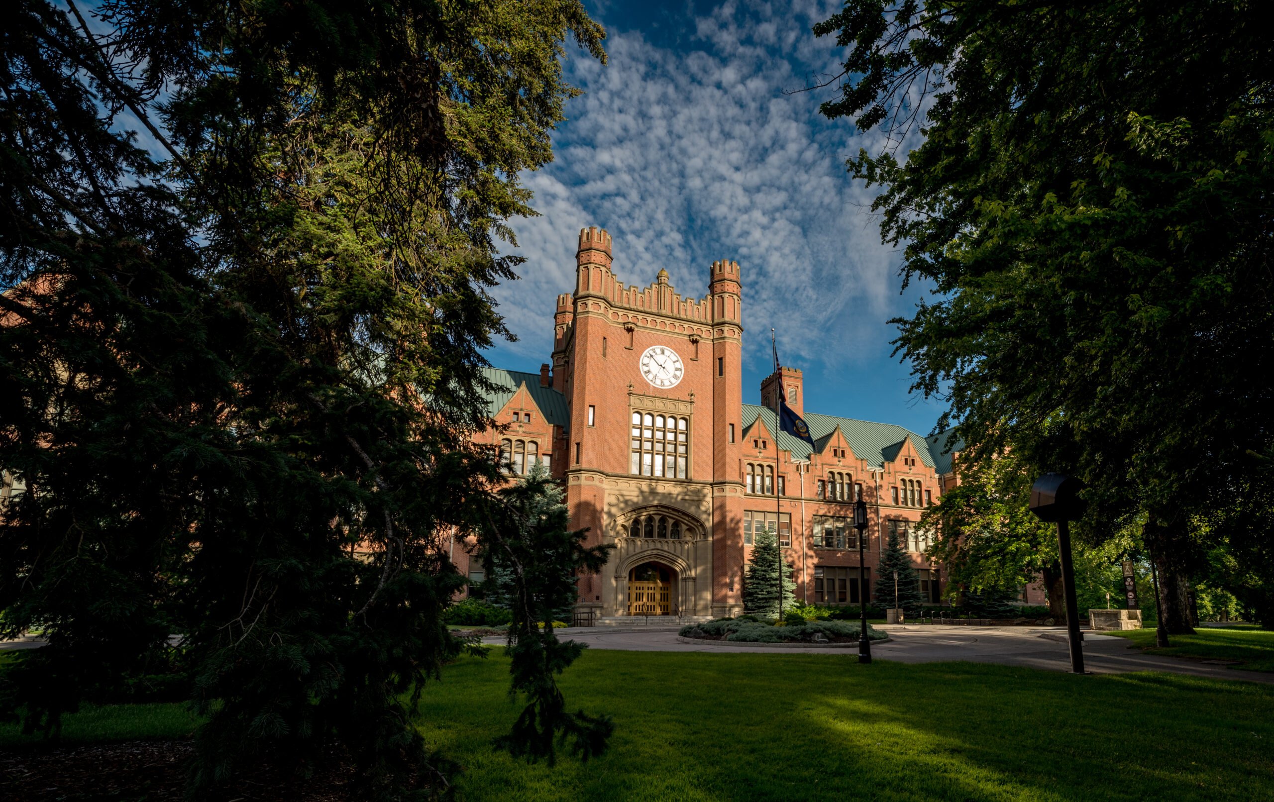 University Admin building in the moring with pine trees