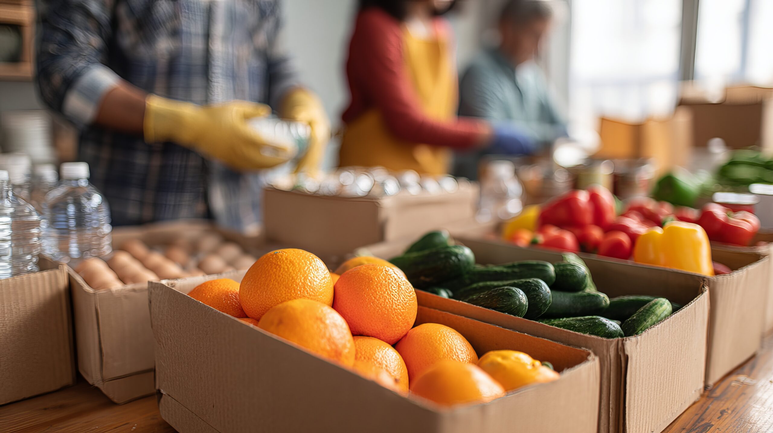 Food pantry with boxes of fresh produce, eggs, water, and canned goods. Volunteers sorting supplies in background. Concept for food donation, community support, healthy nutrition, and food security.