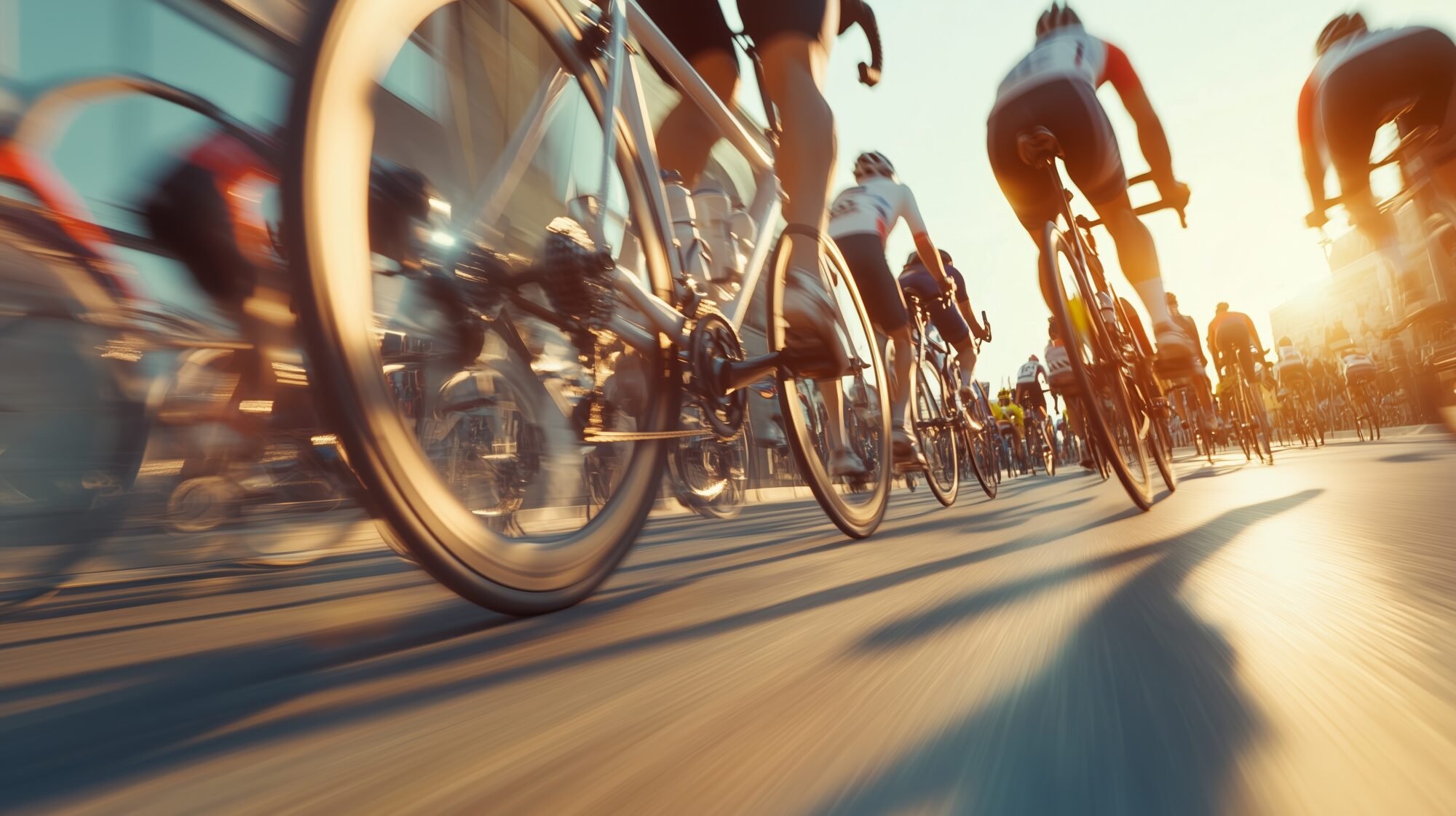 A group of cyclists speeds past under golden sunset light, showcasing their competitive spirit and dynamic movements on a city street.